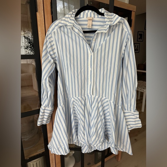 H&M mini dress long sleeve striped button down collar cotton peplum drop hem - Picture 2 of 8